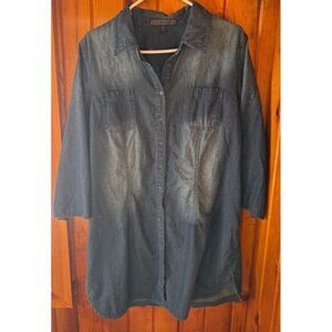 Nine West Button-Down Denim Shirt Dress with 3/4 Sleeves - Versatile Dark Wash‎